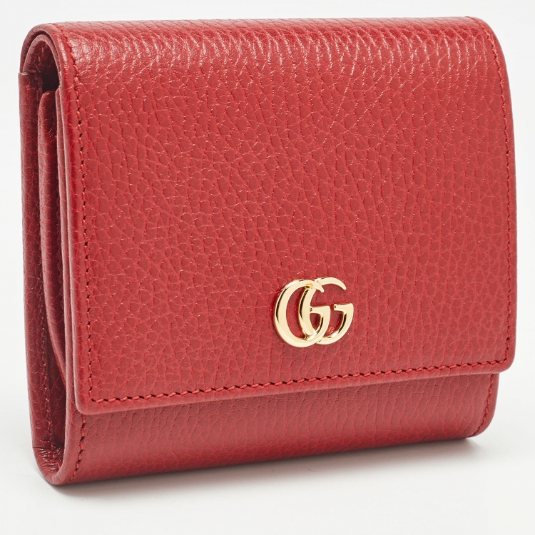 Pre Owned Gucci Red Leather GG Marmont Trifold Compact Wallet