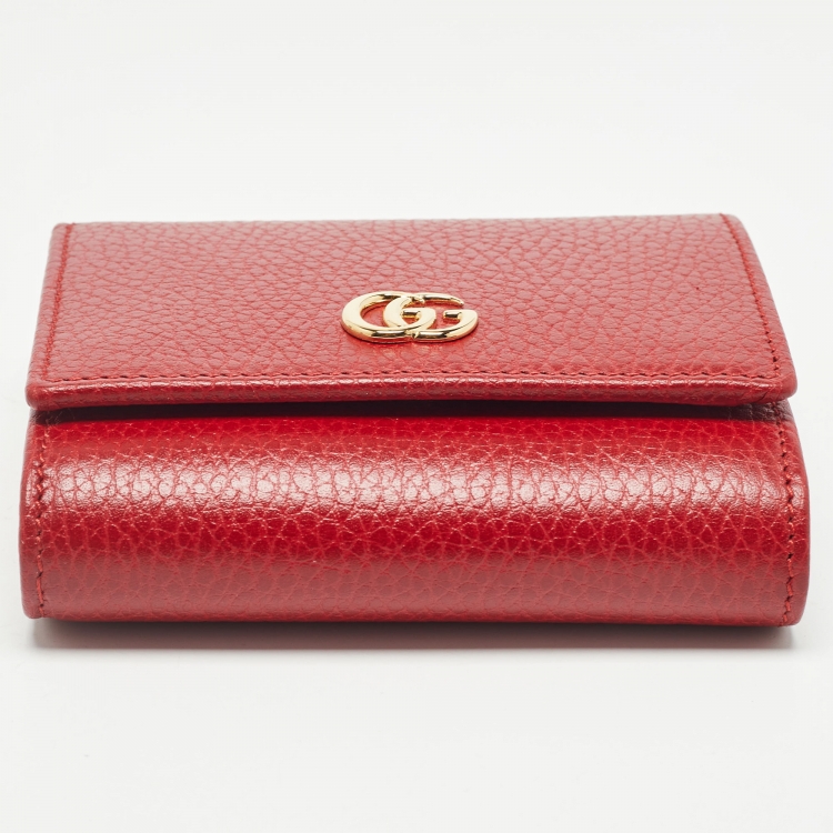 Pre Owned Gucci Red Leather GG Marmont Trifold Compact Wallet