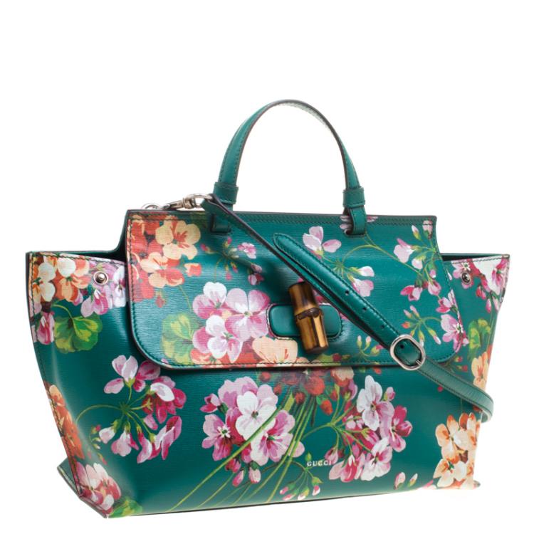 Pre Owned Gucci Green Floral Print Leather Bamboo Daily Top Handle Bag
