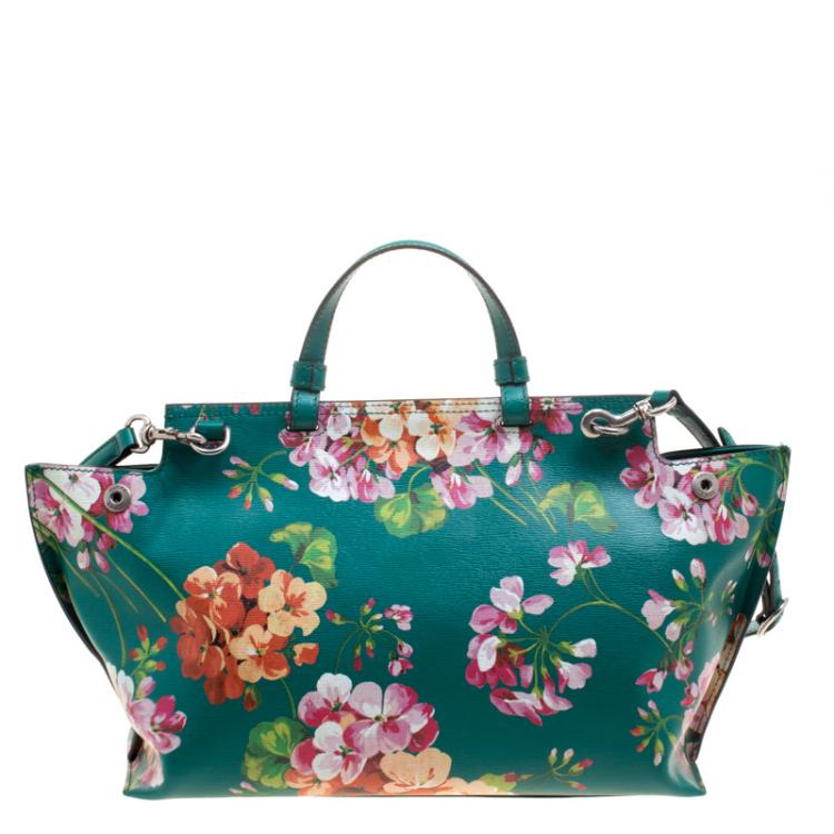 Pre Owned Gucci Green Floral Print Leather Bamboo Daily Top Handle Bag