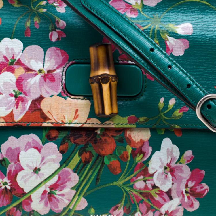 Pre Owned Gucci Green Floral Print Leather Bamboo Daily Top Handle Bag