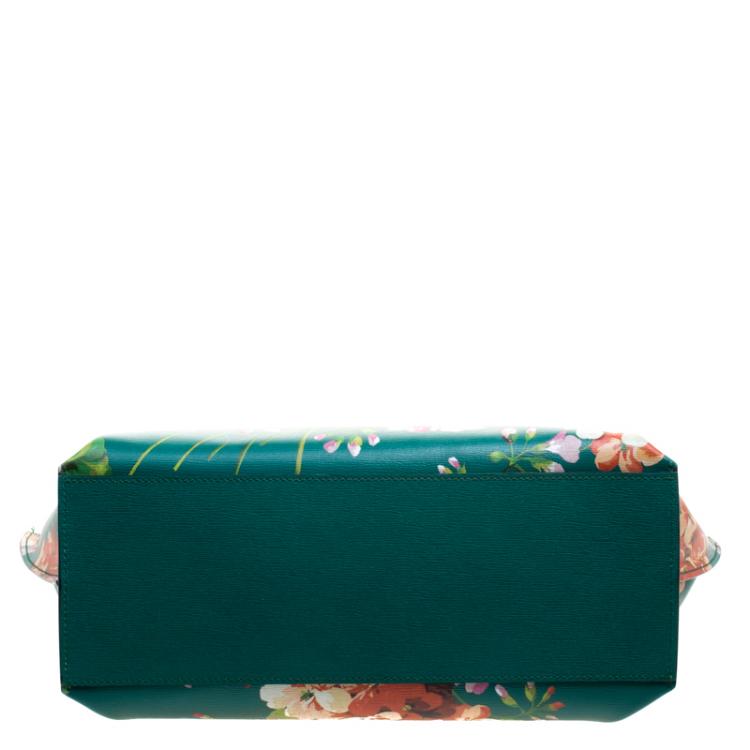 Pre Owned Gucci Green Floral Print Leather Bamboo Daily Top Handle Bag