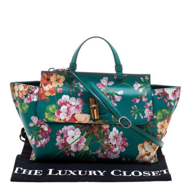 Pre Owned Gucci Green Floral Print Leather Bamboo Daily Top Handle Bag
