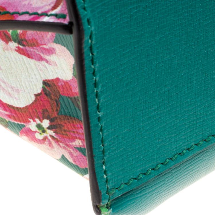 Pre Owned Gucci Green Floral Print Leather Bamboo Daily Top Handle Bag