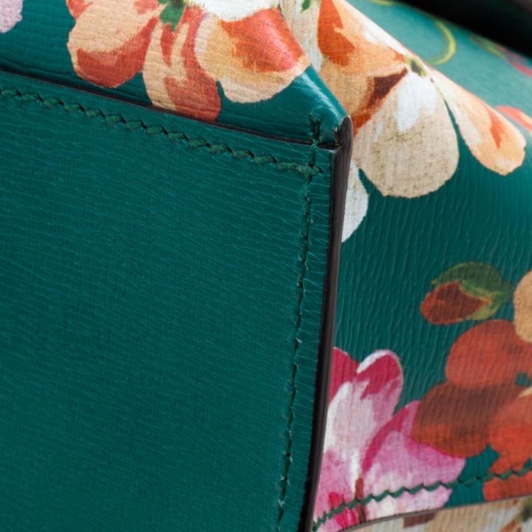 Pre Owned Gucci Green Floral Print Leather Bamboo Daily Top Handle Bag
