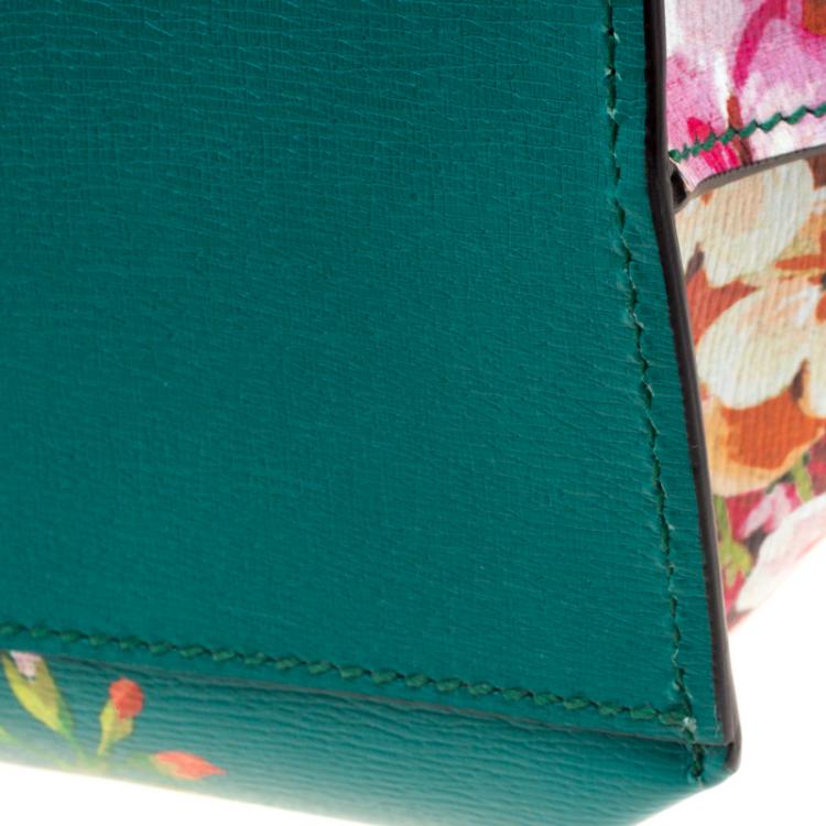 Pre Owned Gucci Green Floral Print Leather Bamboo Daily Top Handle Bag