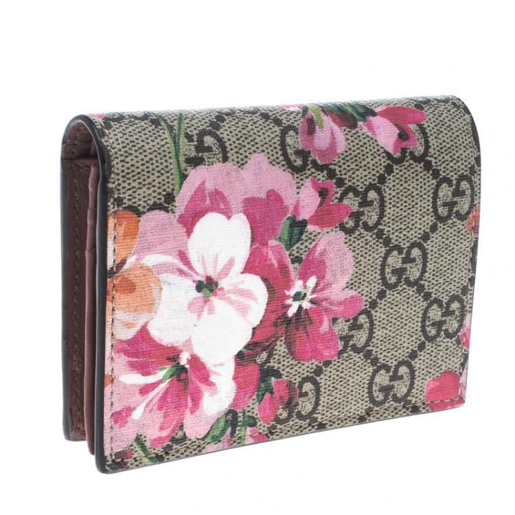 Pre Owned Gucci Beige/Pink GG Supreme Canvas Blooms Card Case