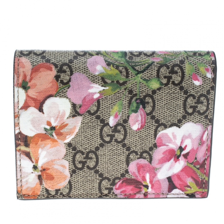 Pre Owned Gucci Beige/Pink GG Supreme Canvas Blooms Card Case