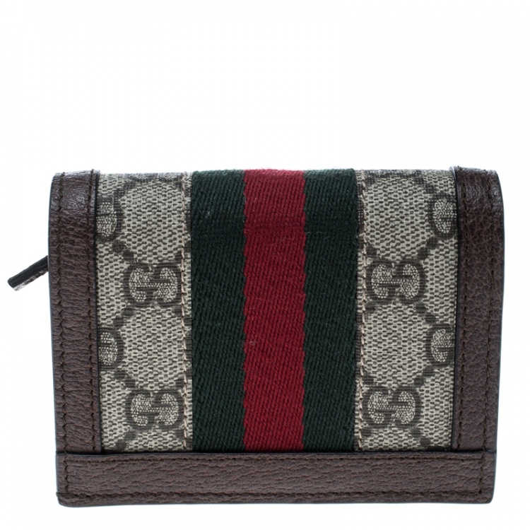 Pre Owned Gucci Beige/Brown GG Supreme Canvas and Leather Ophidia Web Compact Wallet