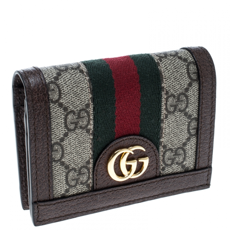 Pre Owned Gucci Beige/Brown GG Supreme Canvas and Leather Ophidia Web Compact Wallet