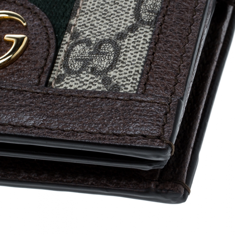 Pre Owned Gucci Beige/Brown GG Supreme Canvas and Leather Ophidia Web Compact Wallet