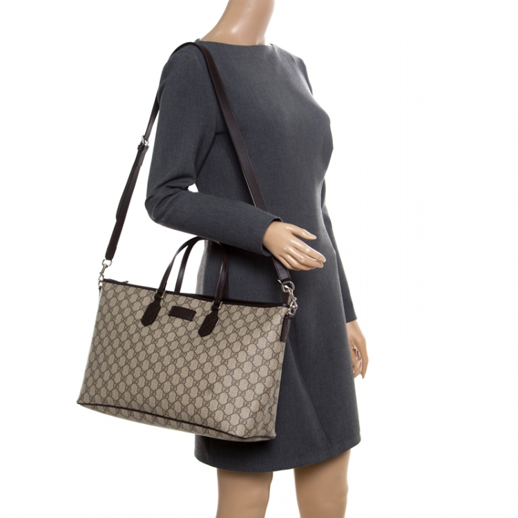Pre Owned Gucci Beige/Brown GG Supreme Canvas and Leather Top Handle Bag