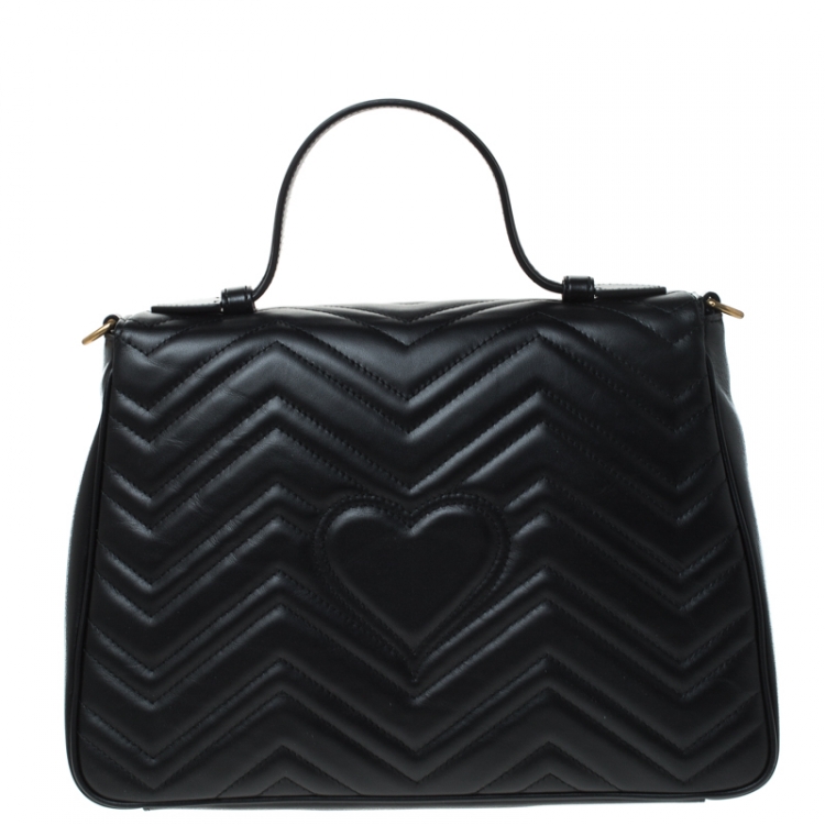 Pre Owned Gucci Black Leather Medium GG Marmont Top Handle Bag