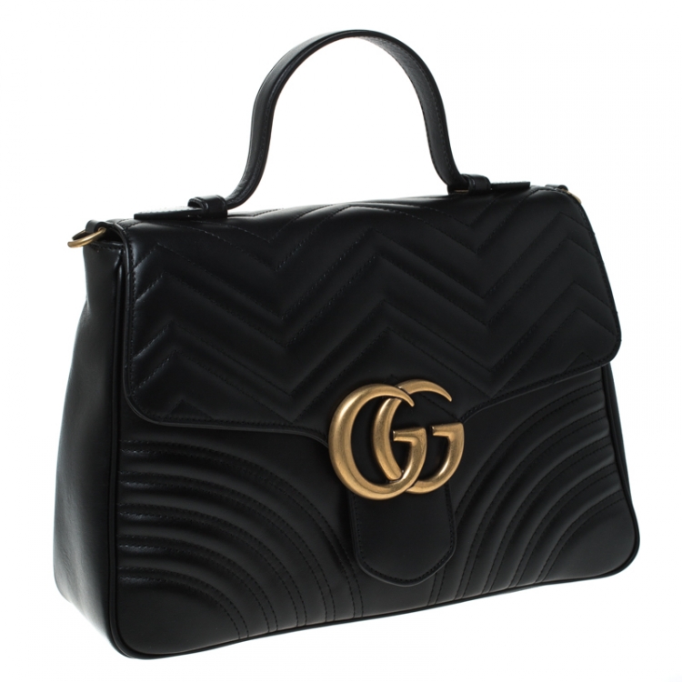 Pre Owned Gucci Black Leather Medium GG Marmont Top Handle Bag