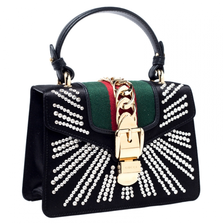 مملوكة مسبقًا Gucci Black Crystal Embellished Satin and Leather Mini Web Chain Sylvie Top Handle Bag