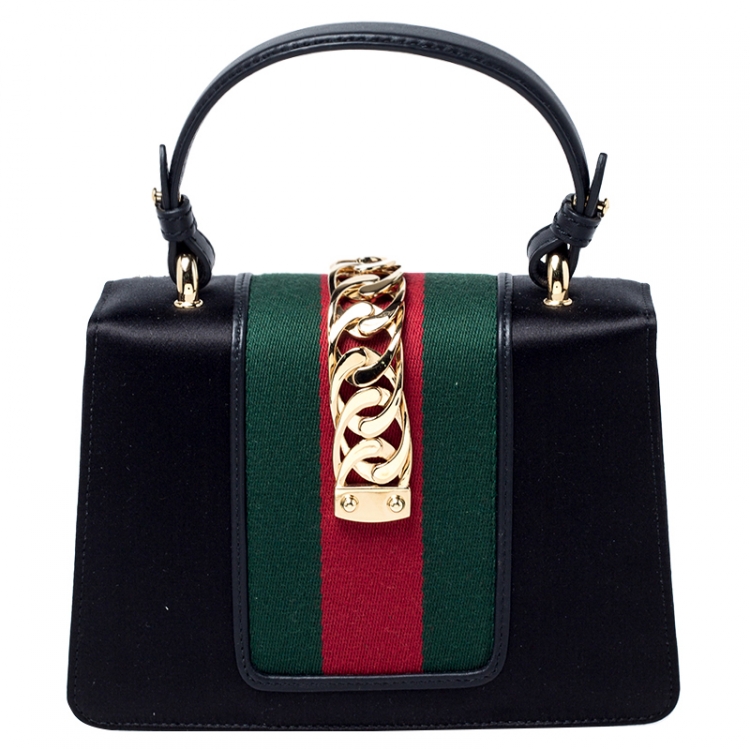 مملوكة مسبقًا Gucci Black Crystal Embellished Satin and Leather Mini Web Chain Sylvie Top Handle Bag