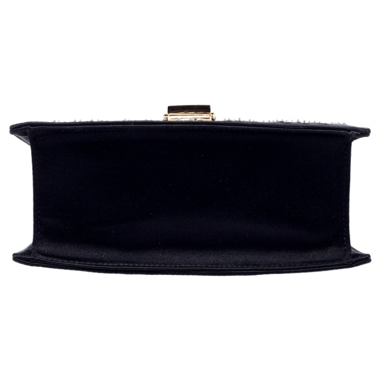 مملوكة مسبقًا Gucci Black Crystal Embellished Satin and Leather Mini Web Chain Sylvie Top Handle Bag