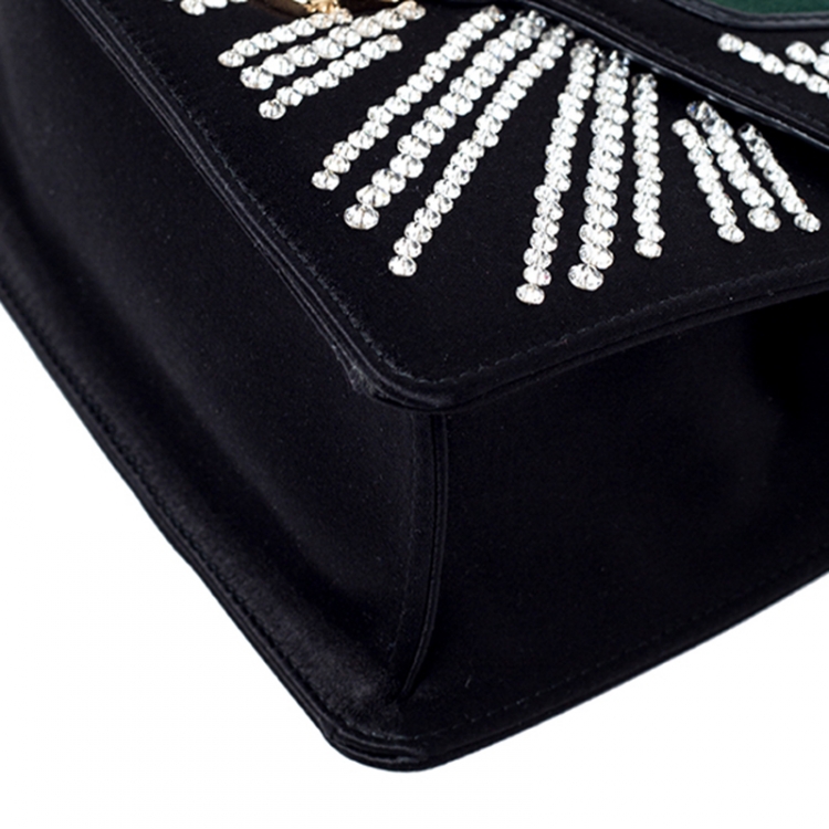 مملوكة مسبقًا Gucci Black Crystal Embellished Satin and Leather Mini Web Chain Sylvie Top Handle Bag