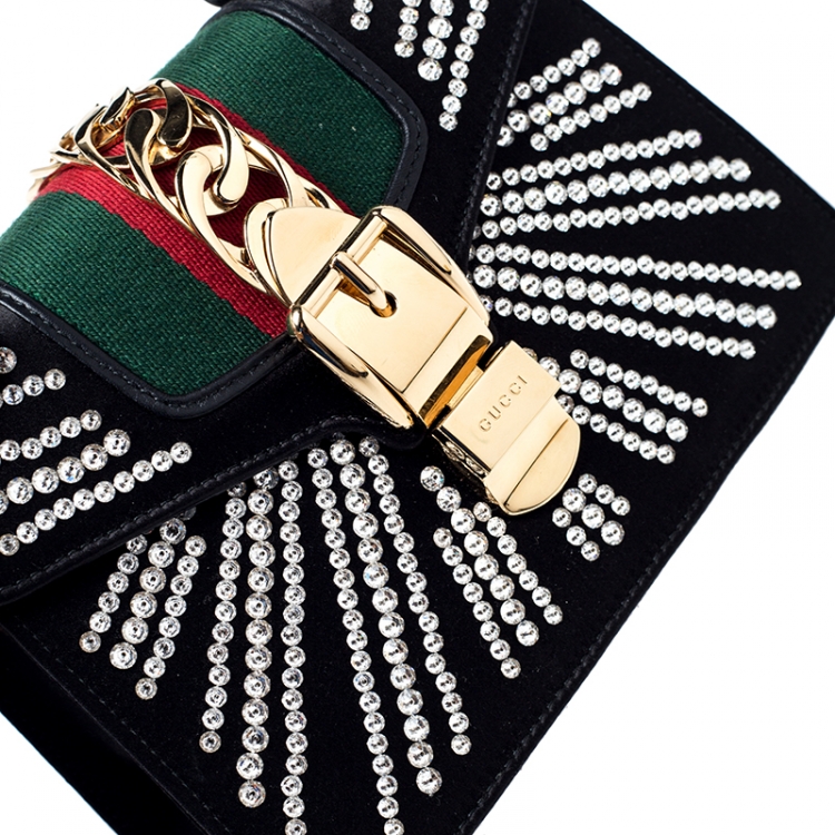 مملوكة مسبقًا Gucci Black Crystal Embellished Satin and Leather Mini Web Chain Sylvie Top Handle Bag
