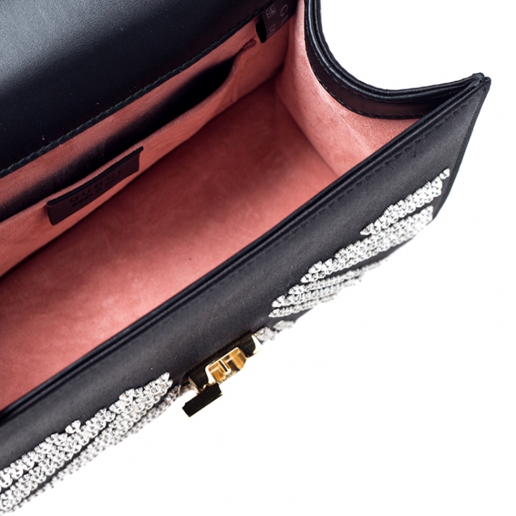 مملوكة مسبقًا Gucci Black Crystal Embellished Satin and Leather Mini Web Chain Sylvie Top Handle Bag