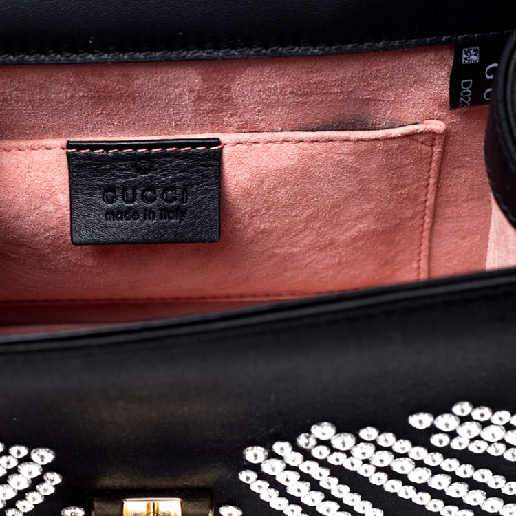 مملوكة مسبقًا Gucci Black Crystal Embellished Satin and Leather Mini Web Chain Sylvie Top Handle Bag