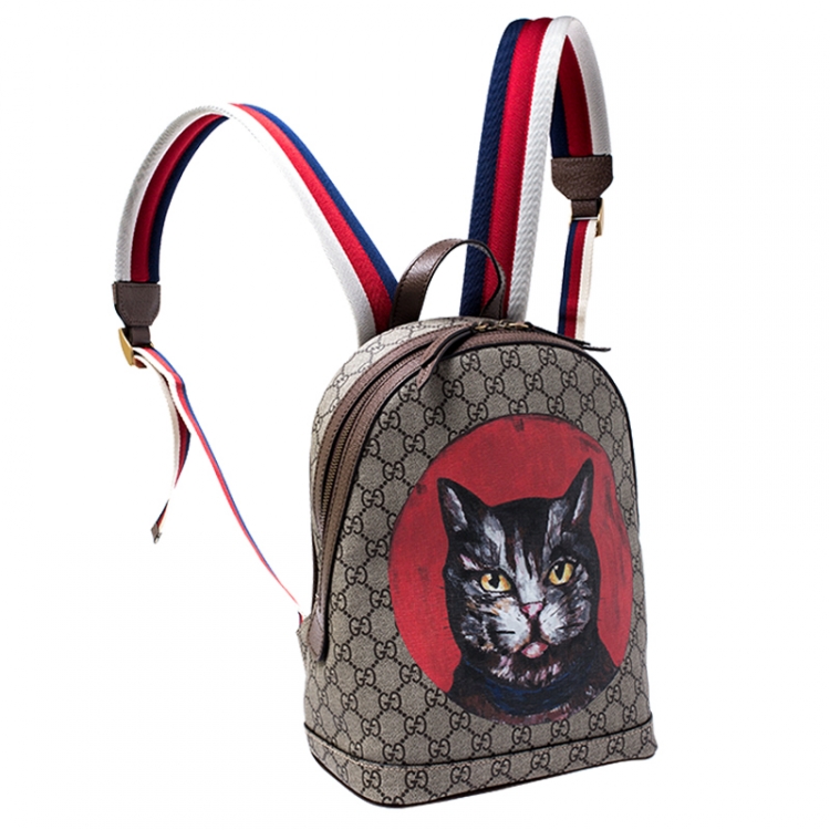 Pre Owned Gucci Beige GG Supreme Mystic Cat Backpack   