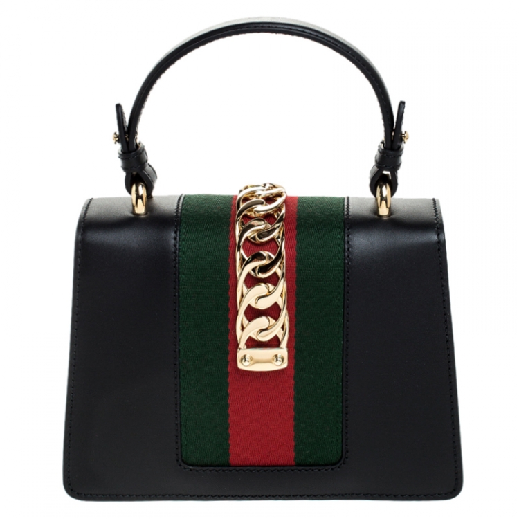 Pre Owned Gucci Black Leather Mini Web Chain Sylvie Top Handle Bag