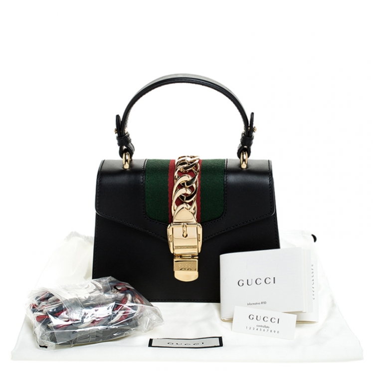 Pre Owned Gucci Black Leather Mini Web Chain Sylvie Top Handle Bag