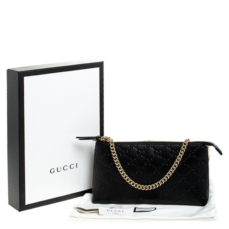 Pre Owned Gucci Black Guccissima Leather Wristlet Zip Chain Clutch