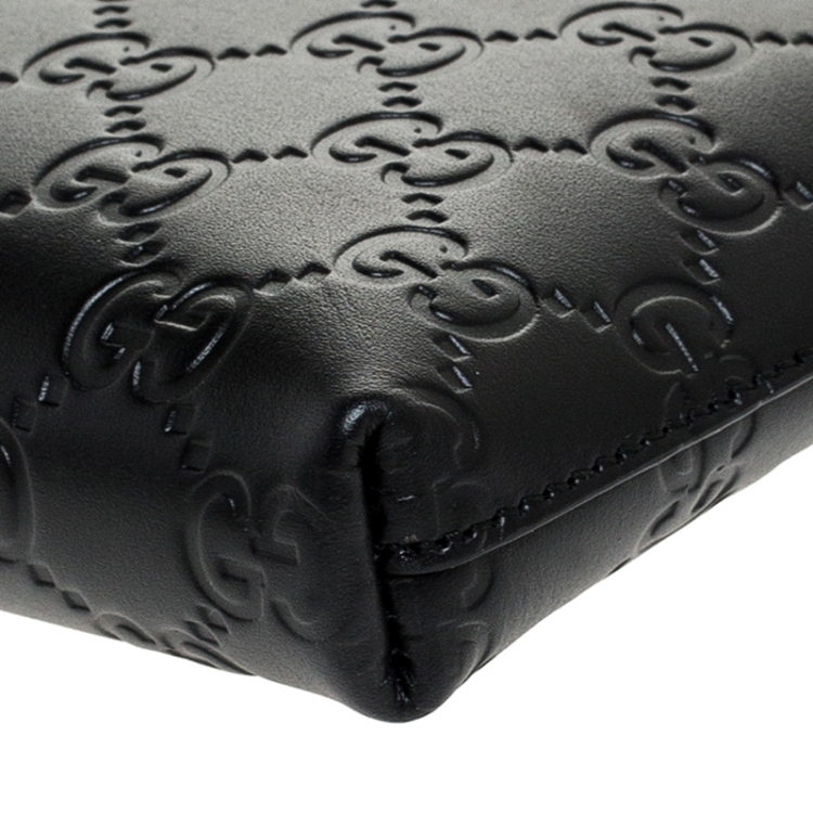 Pre Owned Gucci Black Guccissima Leather Wristlet Zip Chain Clutch