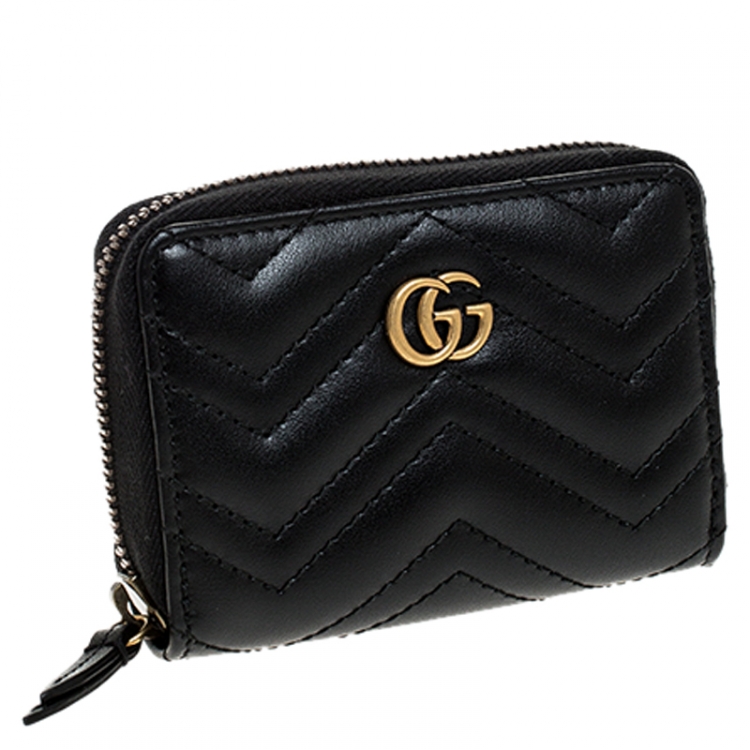 Pre Owned Gucci Black Matelasse Leather GG Marmont Card Case