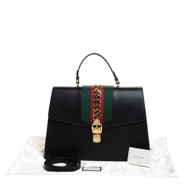 Pre Owned Gucci Black Web Chain Leather Sylvie Maxi Top Handle Bag