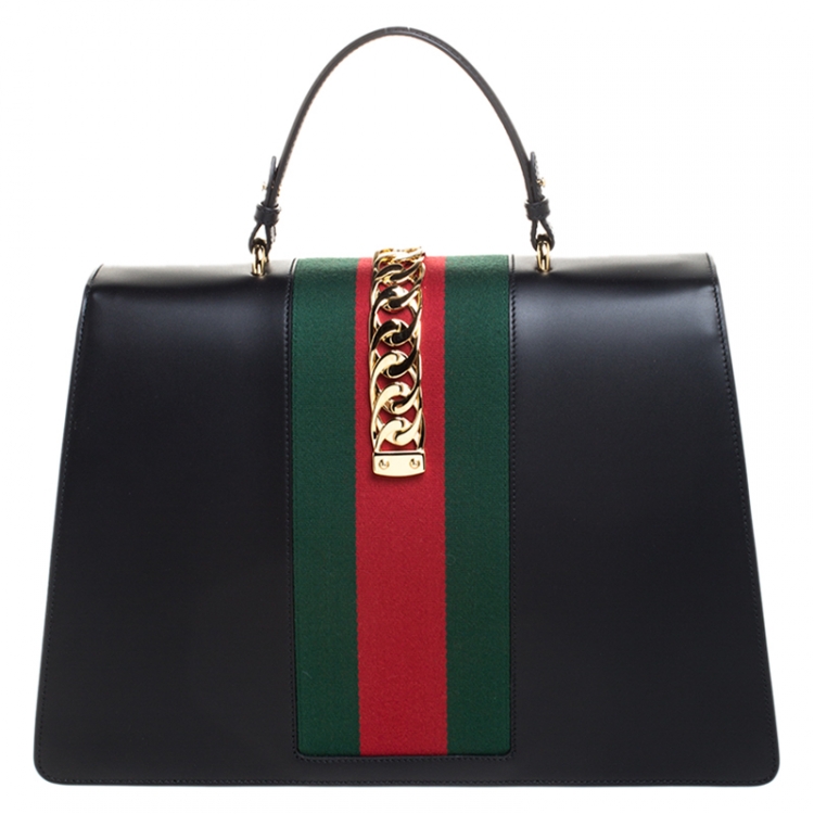 Pre Owned Gucci Black Web Chain Leather Sylvie Maxi Top Handle Bag