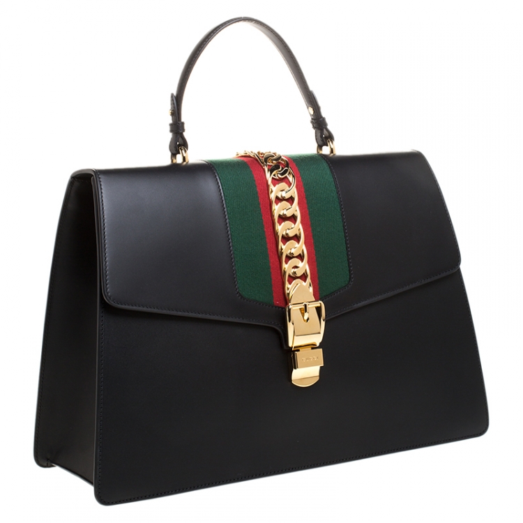 Pre Owned Gucci Black Web Chain Leather Sylvie Maxi Top Handle Bag