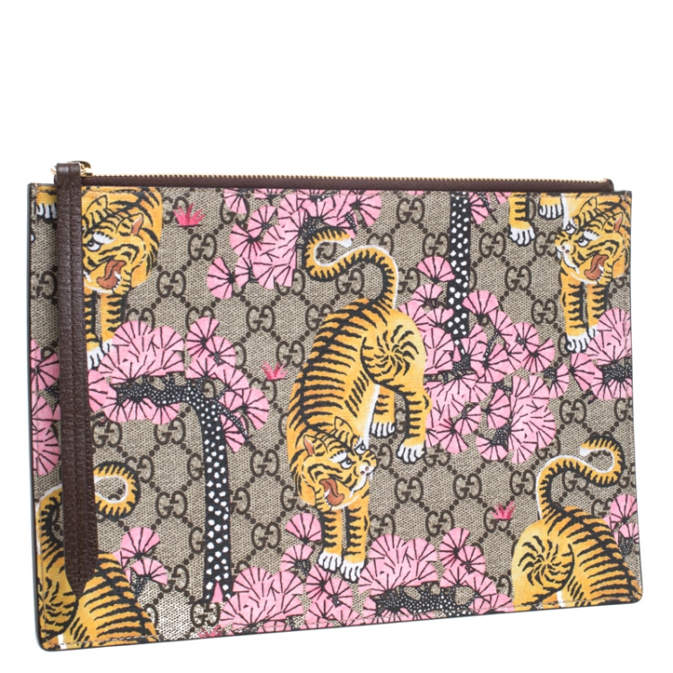 Pre Owned Gucci Multicolor GG Supreme Coated Canvas and Leather Bengal Tiger Zip Pouch 
