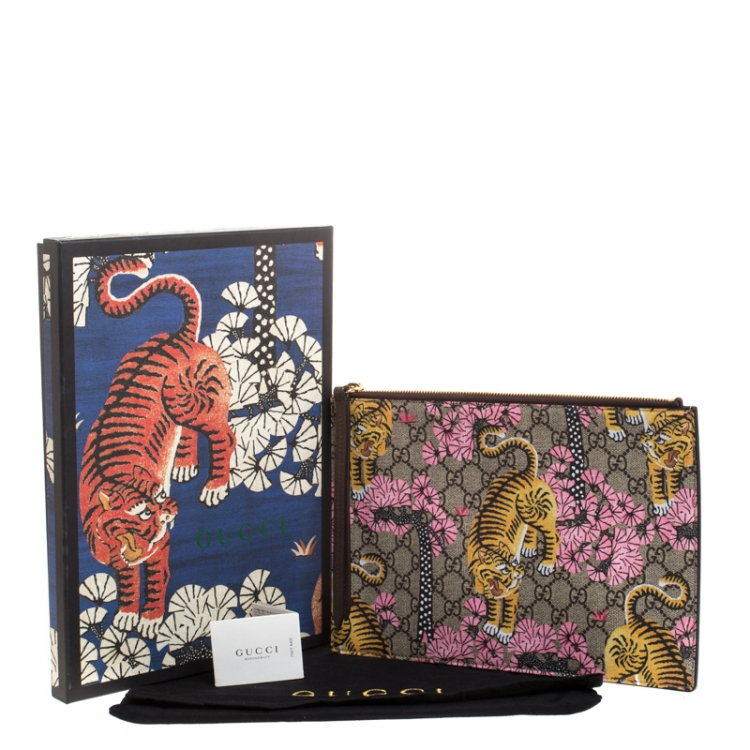 Pre Owned Gucci Multicolor GG Supreme Coated Canvas and Leather Bengal Tiger Zip Pouch 