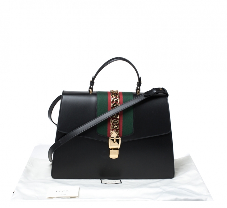 Pre Owned Gucci Black Web Chain Leather Sylvie Maxi Top Handle Bag