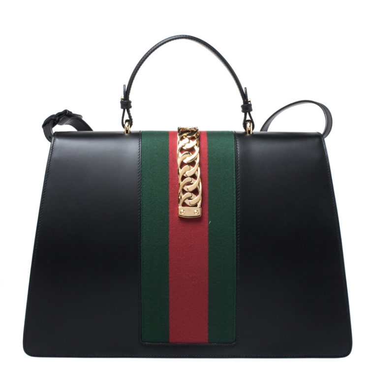 Pre Owned Gucci Black Web Chain Leather Sylvie Maxi Top Handle Bag