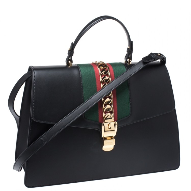 Pre Owned Gucci Black Web Chain Leather Sylvie Maxi Top Handle Bag
