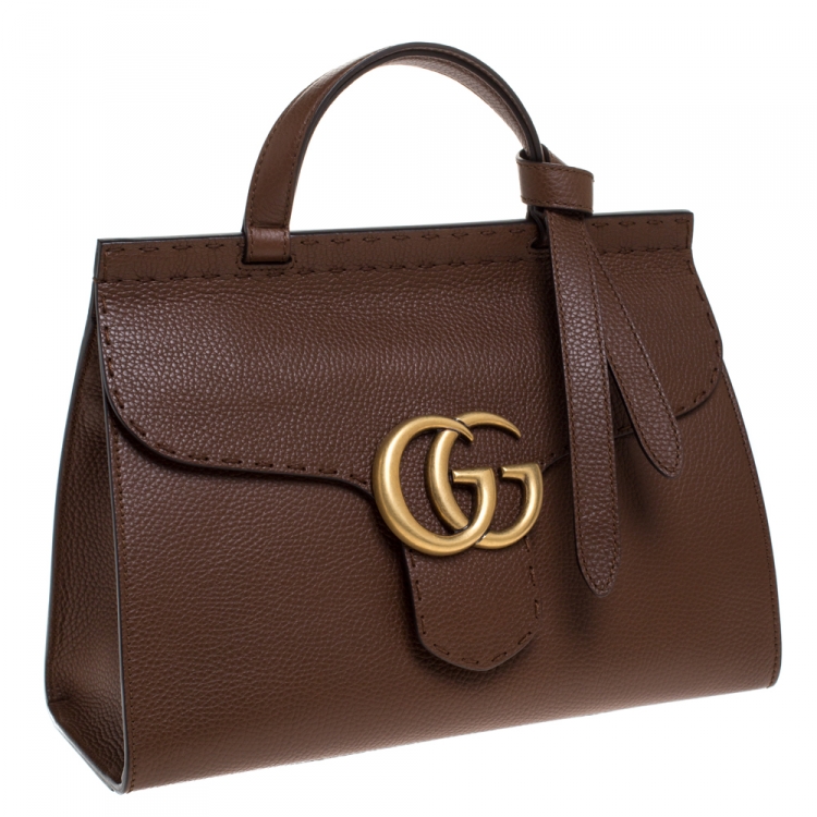 Pre Owned Gucci Brown Leather GG Marmont Top Handle Bag