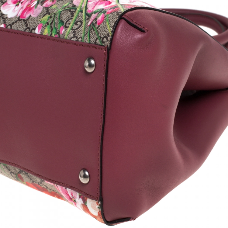 Pre Owned Gucci Pink/Beige GG Supreme Blooms Canvas and Leather Top Handle Bag