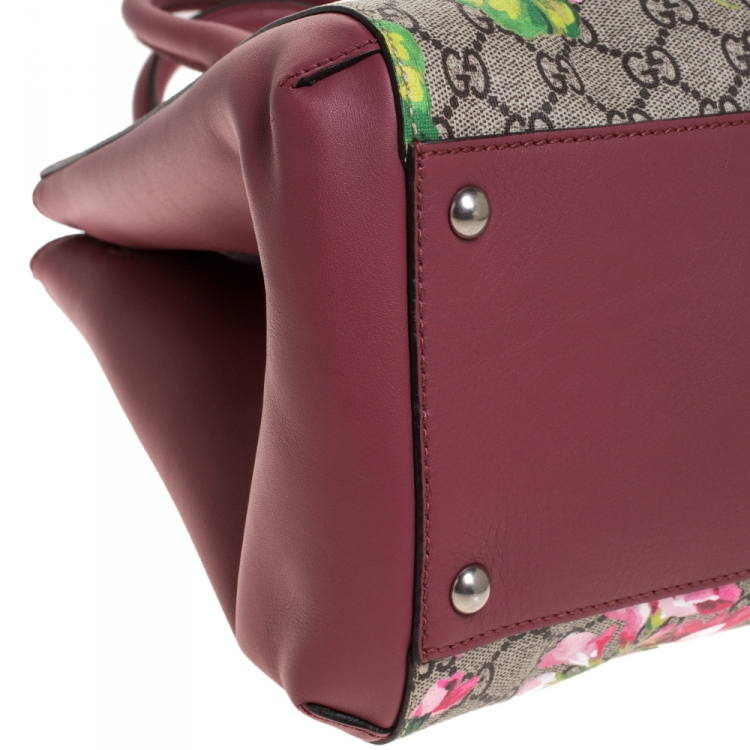 Pre Owned Gucci Pink/Beige GG Supreme Blooms Canvas and Leather Top Handle Bag