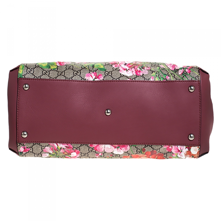 Pre Owned Gucci Pink/Beige GG Supreme Blooms Canvas and Leather Top Handle Bag