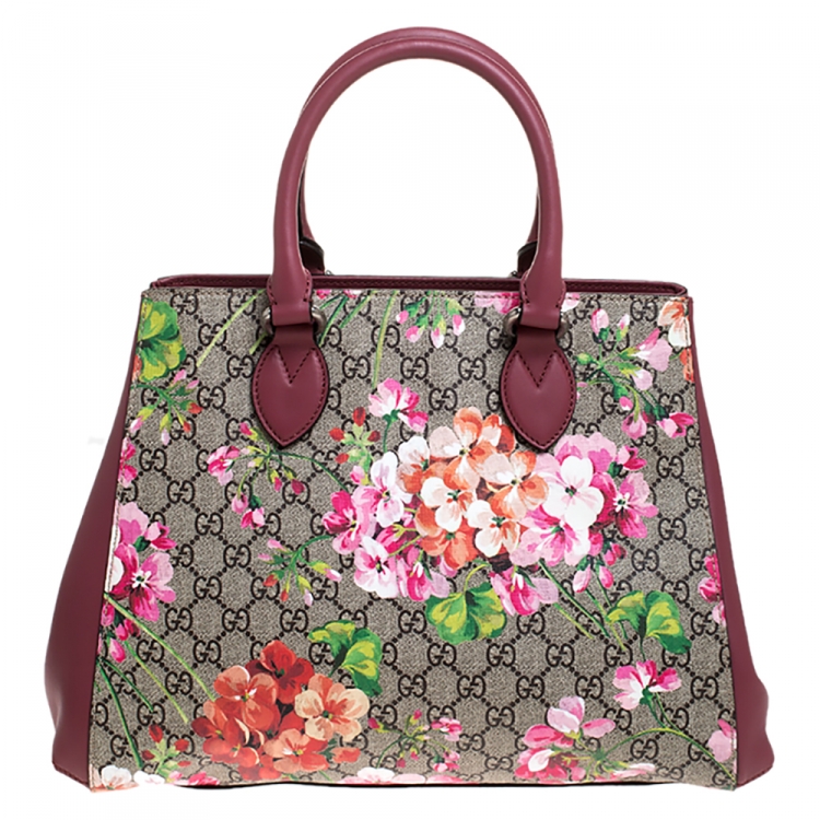 Pre Owned Gucci Pink/Beige GG Supreme Blooms Canvas and Leather Top Handle Bag