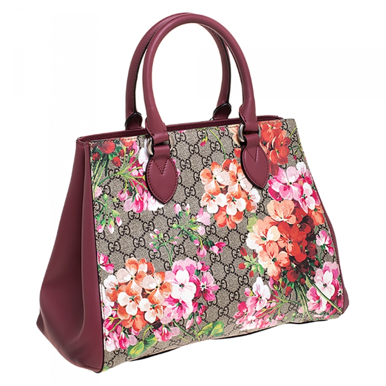 Pre Owned Gucci Pink/Beige GG Supreme Blooms Canvas and Leather Top Handle Bag
