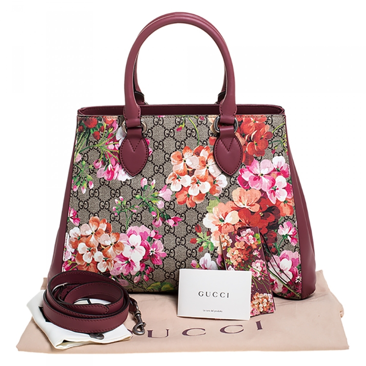 Pre Owned Gucci Pink/Beige GG Supreme Blooms Canvas and Leather Top Handle Bag