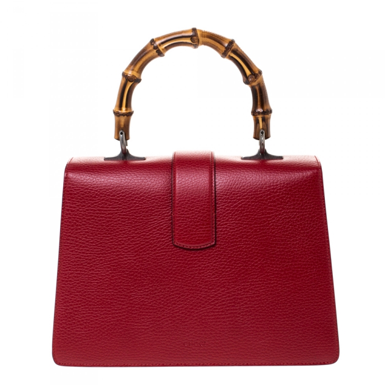 Pre Owned Gucci Red Leather Medium Dionysus Bamboo Top Handle Bag