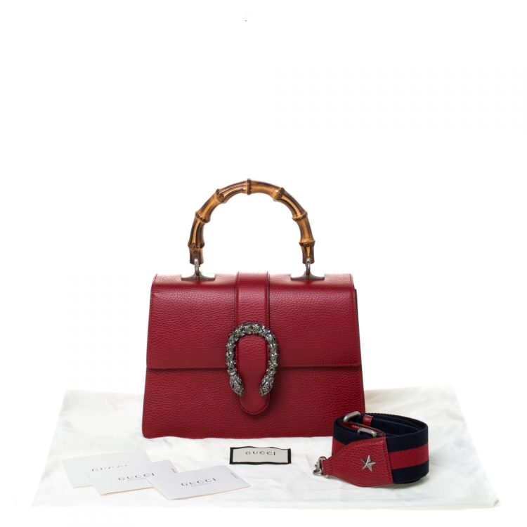 Pre Owned Gucci Red Leather Medium Dionysus Bamboo Top Handle Bag