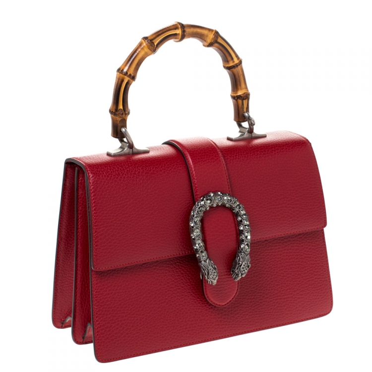 Pre Owned Gucci Red Leather Medium Dionysus Bamboo Top Handle Bag