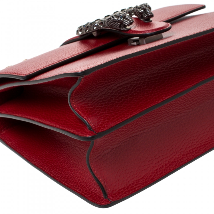 Pre Owned Gucci Red Leather Medium Dionysus Bamboo Top Handle Bag